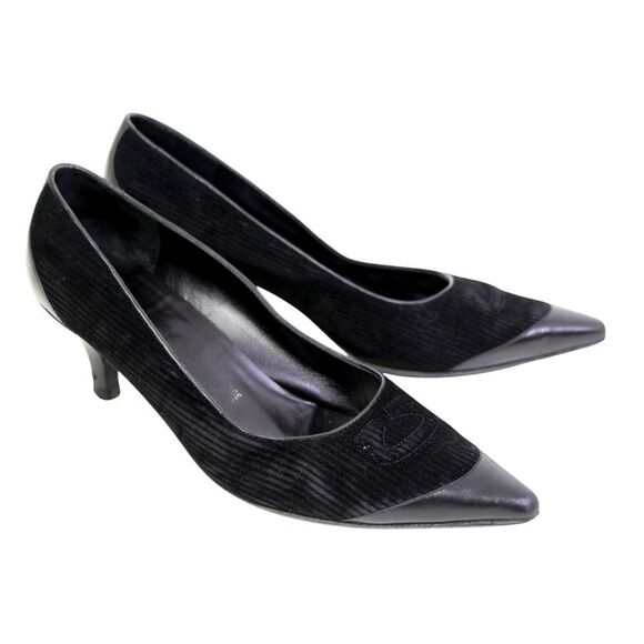Salvatore Ferragamo BLACK REAL LEATHER VELVET MID HEEL CLASSIC PUMP SHOES 8.5C - Picture 11 of 13